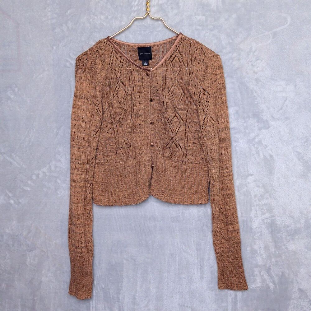 CITY UNLIMITED Brown Cropped Pointelle Knit Cardigan Size L Linen Blend Cottage